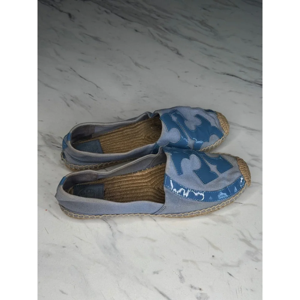 Tory Burch Women Blue Canvas Patent Leather Logo Espadrille Flats Size 10